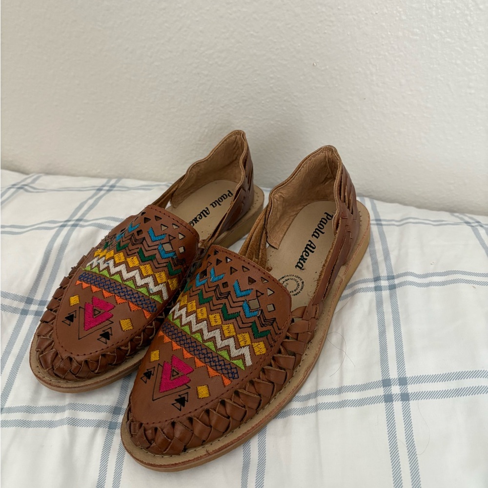Brown Leather Slip-On Shoes with Colorful Embroidery